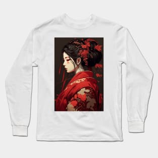 Japanese Beauty with Red Kimono Long Sleeve T-Shirt